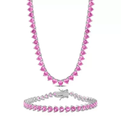 Lab Created 2-Piece Set of Created Pink Sapphire Necklace & Bracelet in Sterling Silver