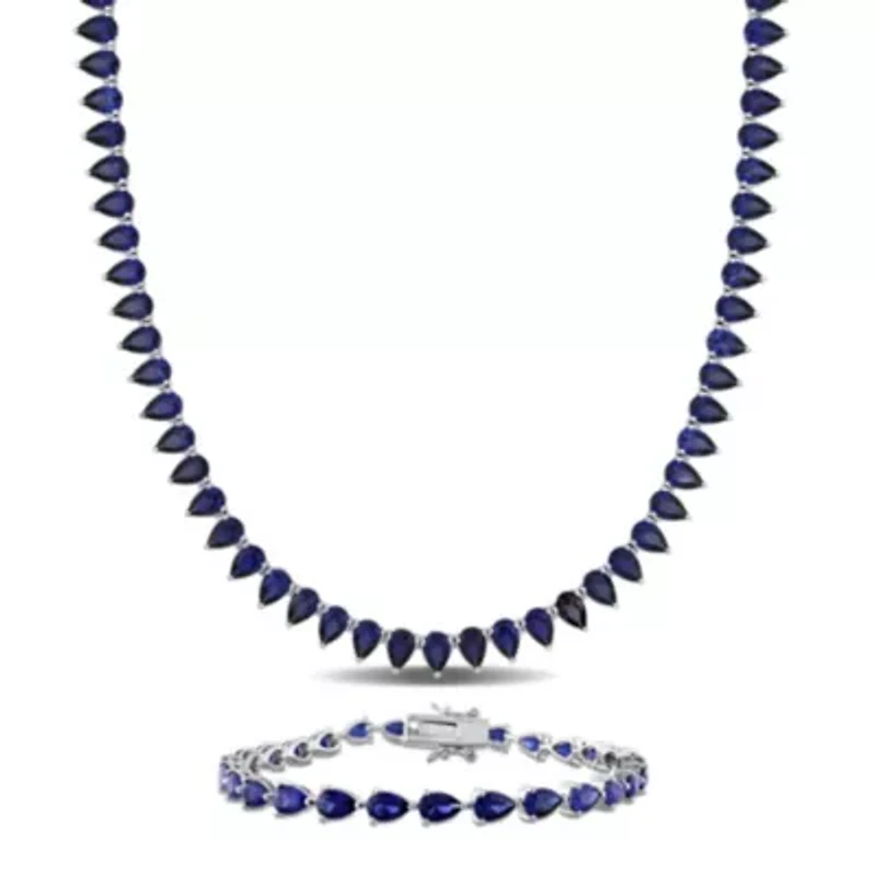 Lab Created 2-Piece Set of Created Blue Sapphire Tennis Necklace & Bracelet in Sterling Silver