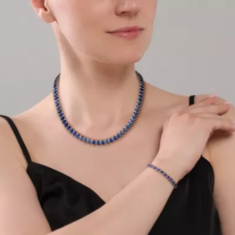 Lab Created 2-Piece Set of Created Blue Sapphire Tennis Necklace & Bracelet in Sterling Silver
