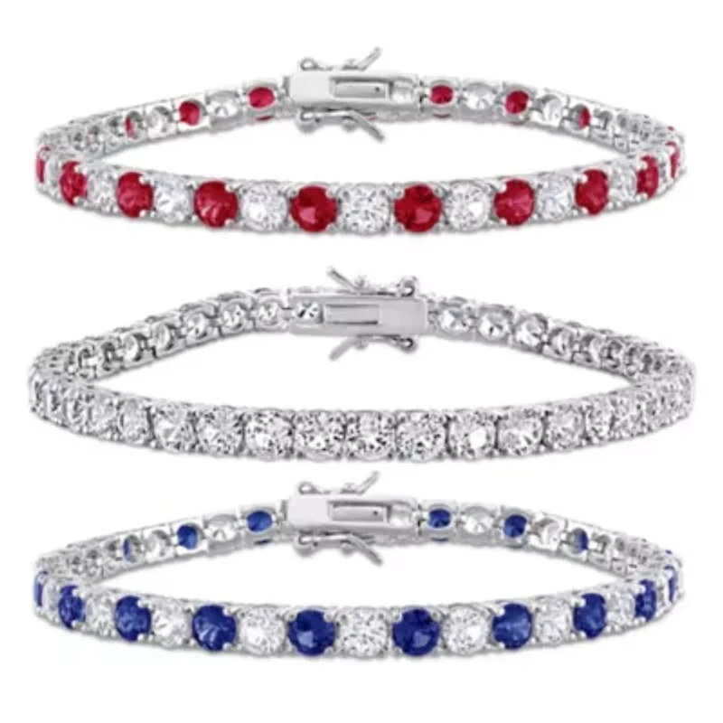 Lab Created 3-Piece Set of Created Blue, White Sapphire & Ruby Bracelets in Sterling Silver