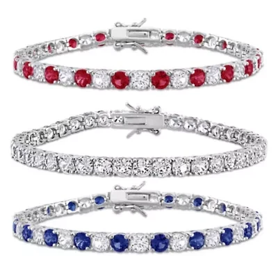 Lab Created 3-Piece Set of Created Blue, White Sapphire & Ruby Bracelets in Sterling Silver
