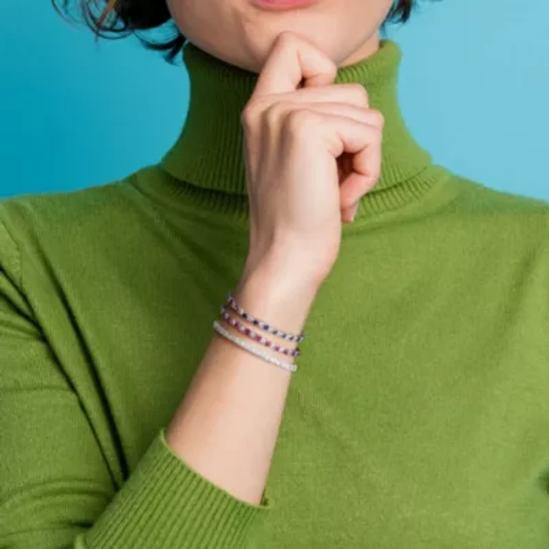Lab Created 3-Piece Set of Created Blue, White Sapphire & Ruby Bracelets in Sterling Silver