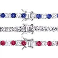 Lab Created 3-Piece Set of Created Blue, White Sapphire & Ruby Bracelets in Sterling Silver