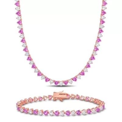 Lab Created 2-Piece Set of Created Pink & White Sapphire Necklace & Bracelet in Rose Plated Sterling Silver