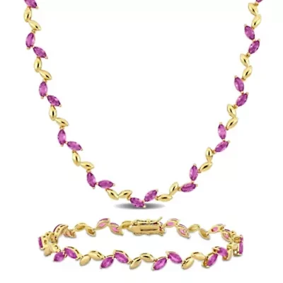 Lab Created 2-Piece Set of Created Pink Sapphire Leaf Necklace & Bracelet in Yellow Plated Sterling Silver