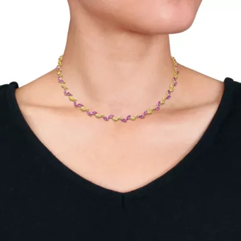 Lab Created 2-Piece Set of Created Pink Sapphire Leaf Necklace & Bracelet in Yellow Plated Sterling Silver