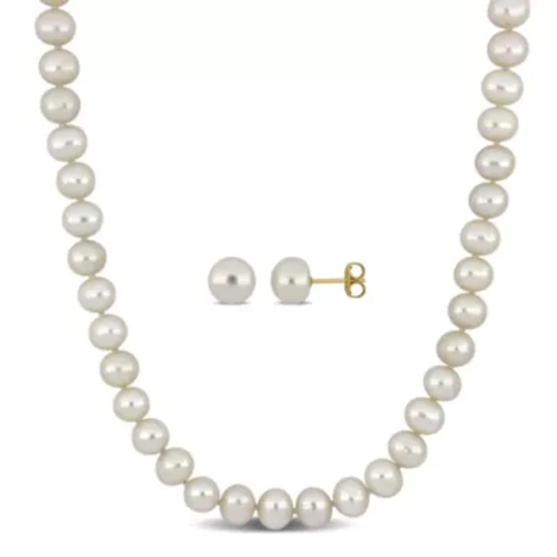 2-Piece Set of 18" 7-7.5mm Freshwater Cultured Pearl Necklace with 10K Yellow Gold Fisheye Clasp & 10K Yellow Gold 7.5-8mm White Freshwater Cultured Button Pearl Earrings