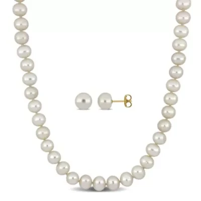 2-Piece Set of 18" 7-7.5mm Freshwater Cultured Pearl Necklace with 10K Yellow Gold Fisheye Clasp & 10K Yellow Gold 7.5-8mm White Freshwater Cultured Button Pearl Earrings
