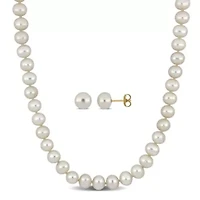 2-Piece Set of 18" 7-7.5mm Freshwater Cultured Pearl Necklace with 10K Yellow Gold Fisheye Clasp & 10K Yellow Gold 7.5-8mm White Freshwater Cultured Button Pearl Earrings