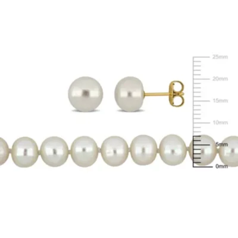 2-Piece Set of 18" 7-7.5mm Freshwater Cultured Pearl Necklace with 10K Yellow Gold Fisheye Clasp & 10K Yellow Gold 7.5-8mm White Freshwater Cultured Button Pearl Earrings