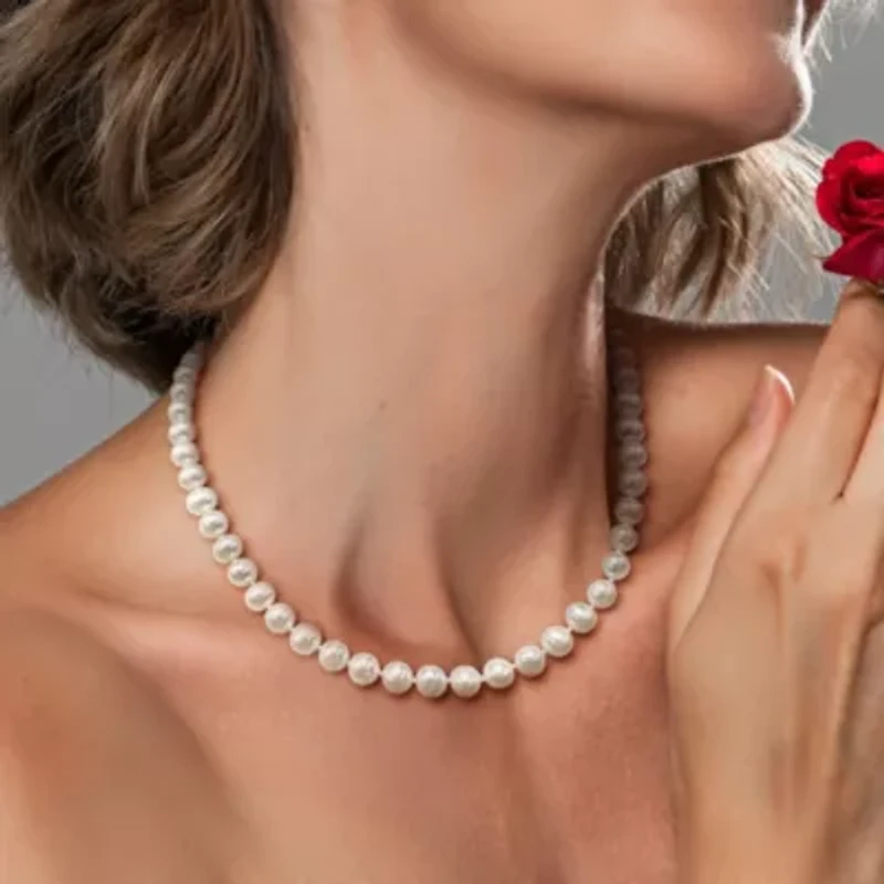 2-Piece Set of 18" 7-7.5mm Freshwater Cultured Pearl Necklace with 10K Yellow Gold Fisheye Clasp & 10K Yellow Gold 7.5-8mm White Freshwater Cultured Button Pearl Earrings