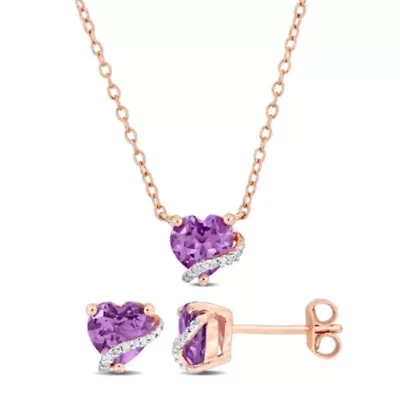 2-Pc Set of Amethyst & Diamond Accent Heart Stud Earrings & Swirl Pendant in Rose Plated Sterling Silver