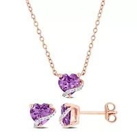2-Pc Set of Amethyst & Diamond Accent Heart Stud Earrings & Swirl Pendant in Rose Plated Sterling Silver