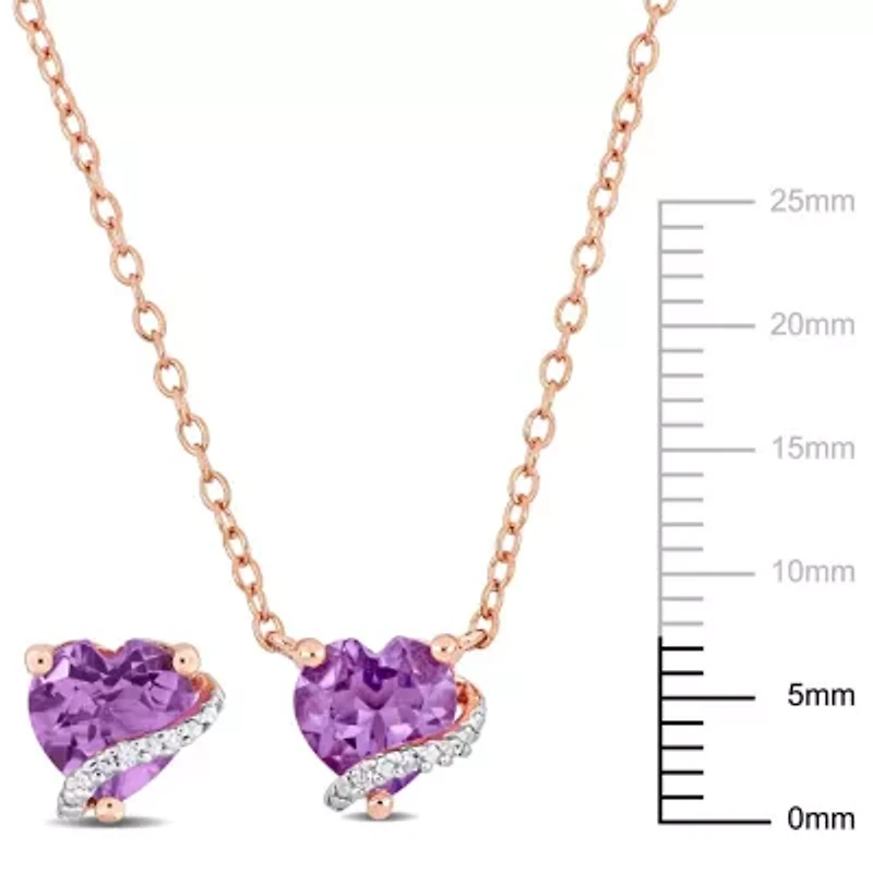 2-Pc Set of Amethyst & Diamond Accent Heart Stud Earrings & Swirl Pendant in Rose Plated Sterling Silver