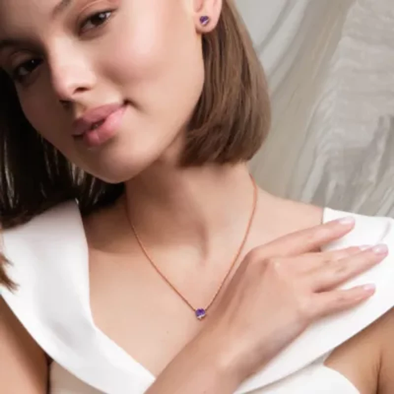 2-Pc Set of Amethyst & Diamond Accent Heart Stud Earrings & Swirl Pendant in Rose Plated Sterling Silver
