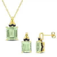 2-Pc Set of Green Quartz & Black Sapphire Earrings & Pendant in Yellow Plated Sterling Silver