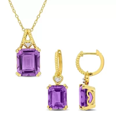 2-Pc Set of Amethyst & White Topaz Heart Earrings & Pendant in Yellow Plated Sterling Silver