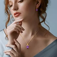 2-Pc Set of Amethyst & White Topaz Heart Earrings & Pendant in Yellow Plated Sterling Silver