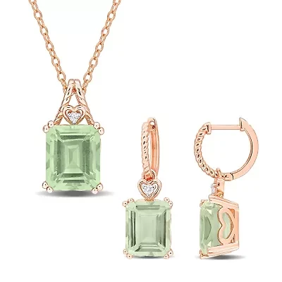 2-Pc Set of Green Quartz & White Topaz Heart Earrings & Pendant in Rose Plated Sterling Silver