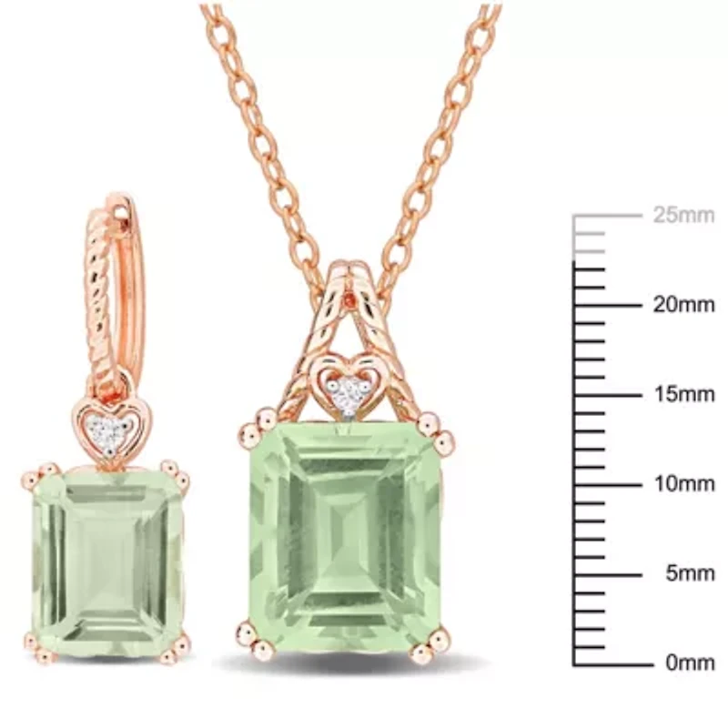 2-Pc Set of Green Quartz & White Topaz Heart Earrings & Pendant in Rose Plated Sterling Silver