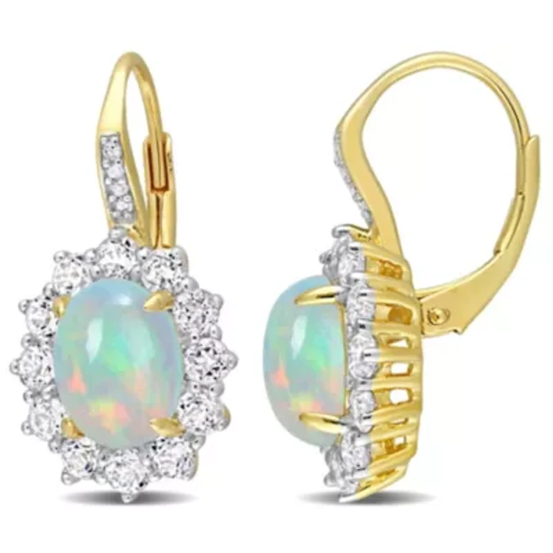 Ethiopian Opal-Blue White Topaz LeverBack Earrings in Yellow Plated Sterling Silver