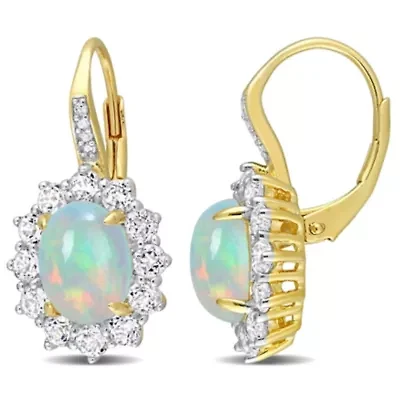 Ethiopian Opal-Blue White Topaz LeverBack Earrings in Yellow Plated Sterling Silver