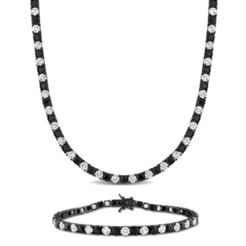 Lab Created Created White & Black Sapphire Tennis Necklace & Bracelet Set in Black Rhodium Plated Sterling Silver