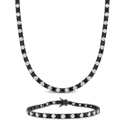 Lab Created Created White & Black Sapphire Tennis Necklace & Bracelet Set in Black Rhodium Plated Sterling Silver