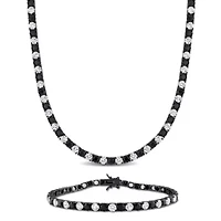 Lab Created Created White & Black Sapphire Tennis Necklace & Bracelet Set in Black Rhodium Plated Sterling Silver