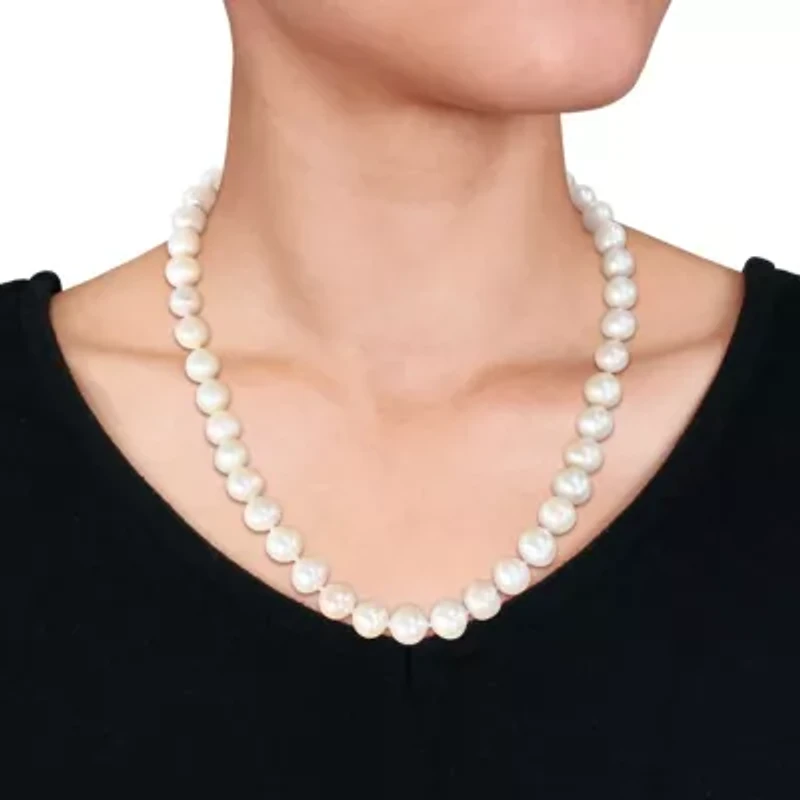9-11mm Cultured Freshwater Edison Pearl Necklace with Ball Clasp in Silvertone Brass