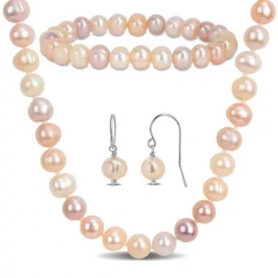 7-7.5 mm Multicolor Freshwater Cultured Pearl Necklace Bracelet & Hook Earrings Set in Sterling Silver