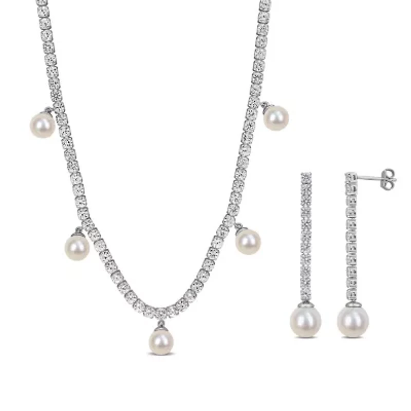 Lab Created Created White Sapphire & Cultured Freshwater Pearls Set of Drop Earrings & Charm Necklace in Sterling Silver