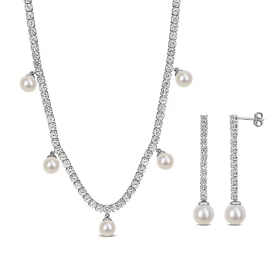 Lab Created Created White Sapphire & Cultured Freshwater Pearls Set of Drop Earrings & Charm Necklace in Sterling Silver