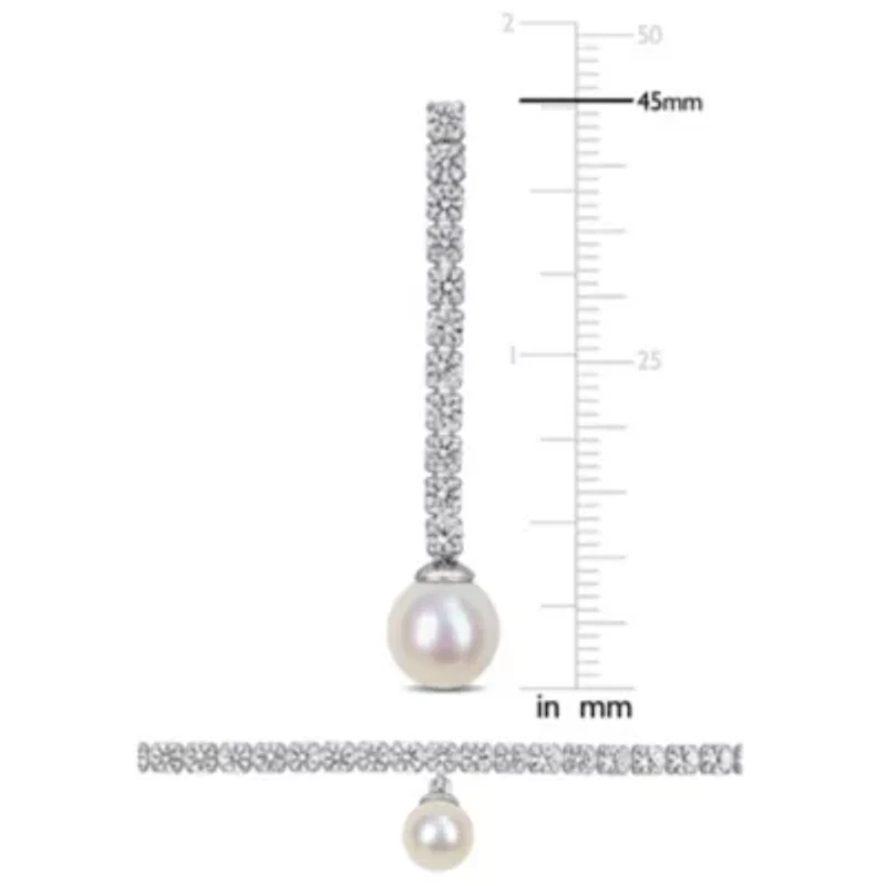 Lab Created Created White Sapphire & Cultured Freshwater Pearls Set of Drop Earrings & Charm Necklace in Sterling Silver