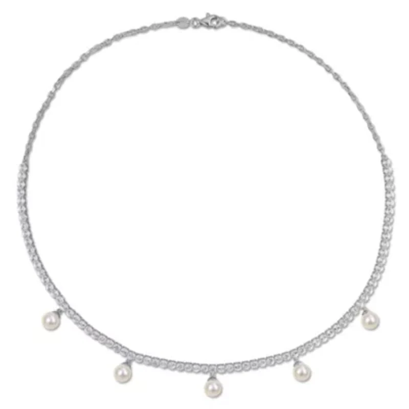 Lab Created Created White Sapphire & Cultured Freshwater Pearls Set of Drop Earrings & Charm Necklace in Sterling Silver