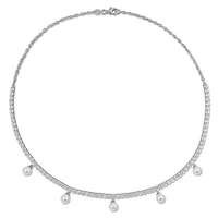 Lab Created Created White Sapphire & Cultured Freshwater Pearls Set of Drop Earrings & Charm Necklace in Sterling Silver