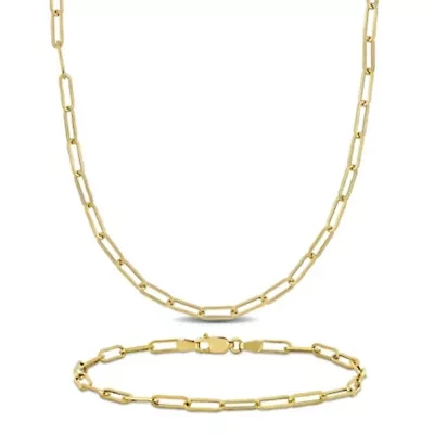 2-Piece Set of Mens 3.3mm Polished Paperclip Chain Necklace and Bracelet Set 14k Yellow Gold, 24" & 9"