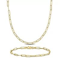 2-Piece Set of Mens 3.3mm Polished Paperclip Chain Necklace and Bracelet Set 14k Yellow Gold, 24" & 9"