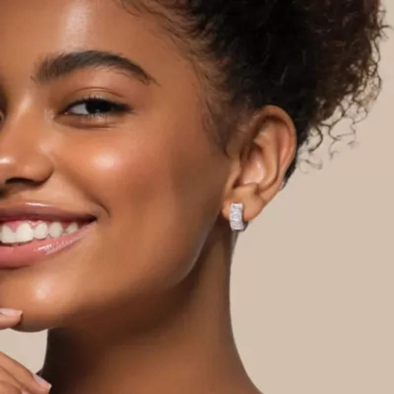 Lab Created Emerald Lab Grown Diamond Hoop Earrings in 14k White Gold