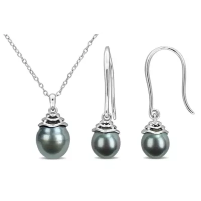2-Piece Set Of 8-9.5mm Black Tahitian Cultured Pearl Earrings & Pendant With Chain in Sterling Silver