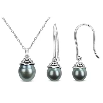 2-Piece Set Of 8-9.5mm Black Tahitian Cultured Pearl Earrings & Pendant With Chain in Sterling Silver