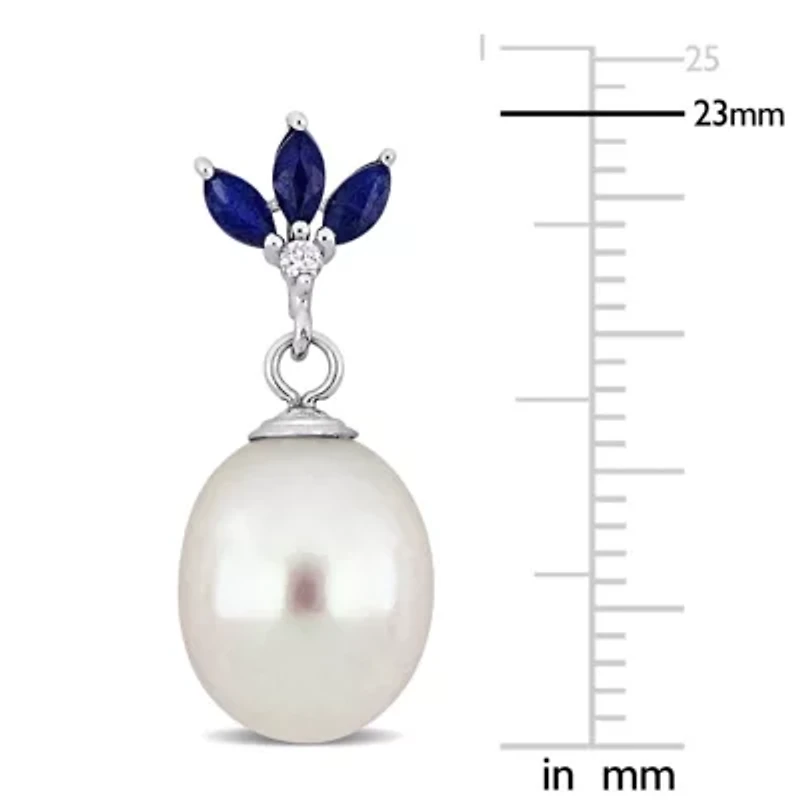 9-9.5mm Freshwater Cultured Pearl, Sapphire & Diamond Accent Earrings Sterling Silver