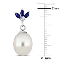 9-9.5mm Freshwater Cultured Pearl, Sapphire & Diamond Accent Earrings Sterling Silver