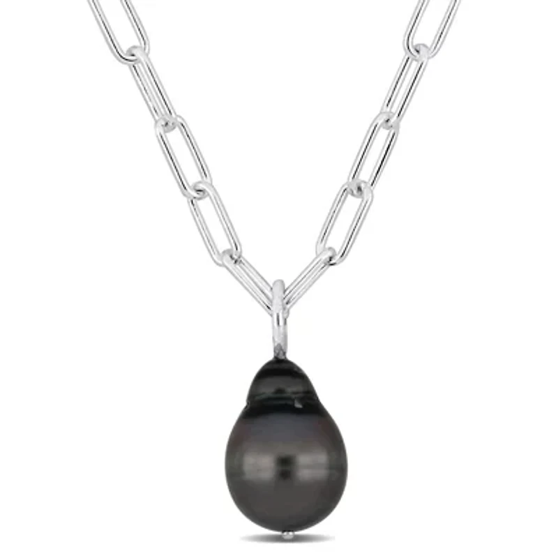 11-12mm Tahitian Cultured Pearl Oval Link Necklace in Sterling Silver