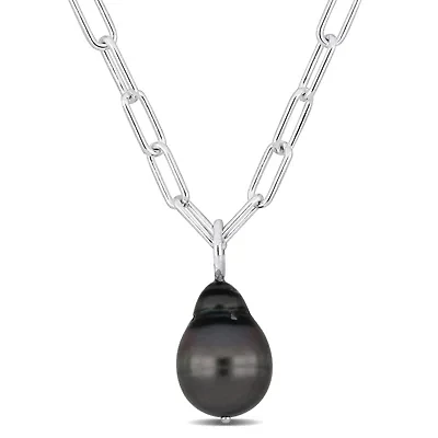 11-12mm Tahitian Cultured Pearl Oval Link Necklace in Sterling Silver