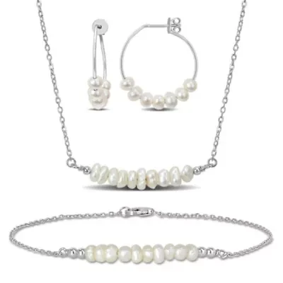 3-Piece Set Freshwater Cultured Pearl Bracelet, Earrings & Necklace in Sterling Silver