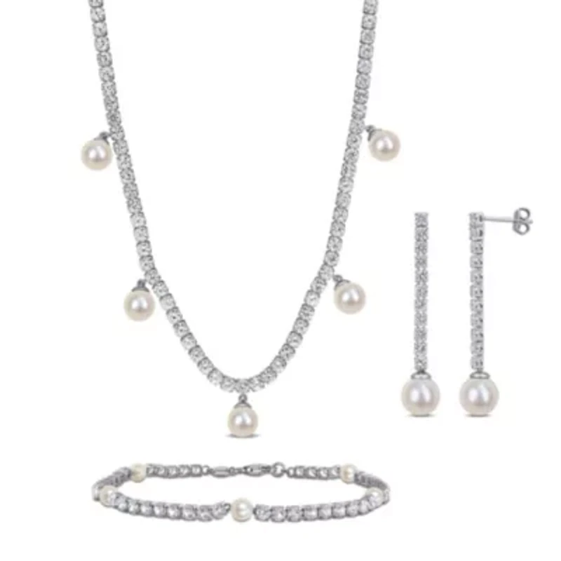 Lab Created Created White Sapphire & Freshwater Cultured Pearls Earrings, Bracelet & Necklace Set in Sterling Silver