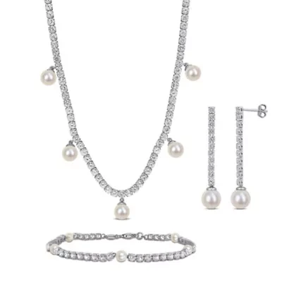 Lab Created Created White Sapphire & Freshwater Cultured Pearls Earrings, Bracelet & Necklace Set in Sterling Silver