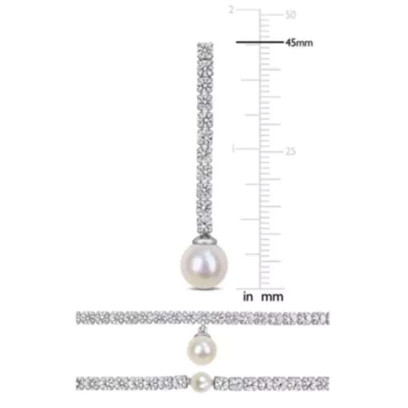 Lab Created Created White Sapphire & Freshwater Cultured Pearls Earrings, Bracelet & Necklace Set in Sterling Silver
