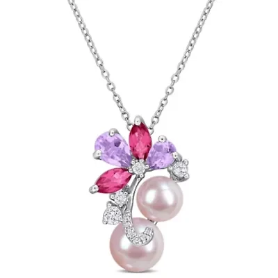 Rose De France, Pink & White Topaz & Pink Freshwater Cultured Pearl Pendant With Chain in Sterling Silver